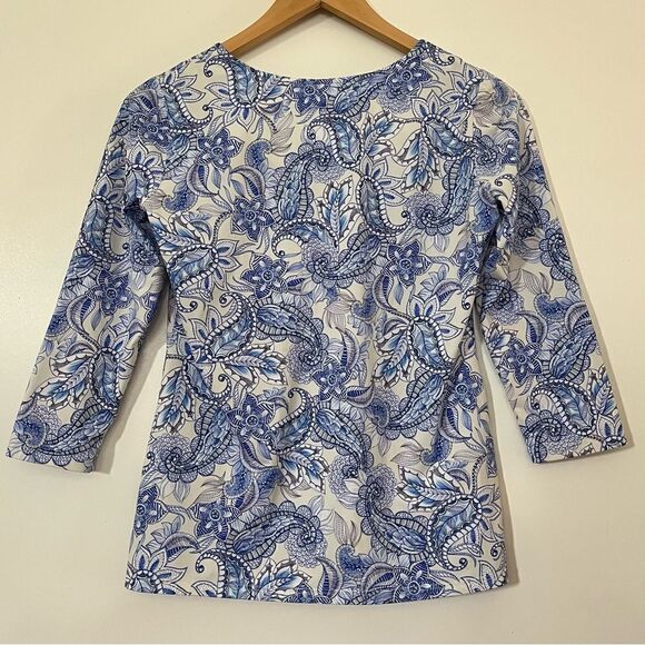 Sara Campbell Floral Paisley Top Blue White 3/4 Sleeve Nylon Elastane Stretch XS - Picture 4 of 7